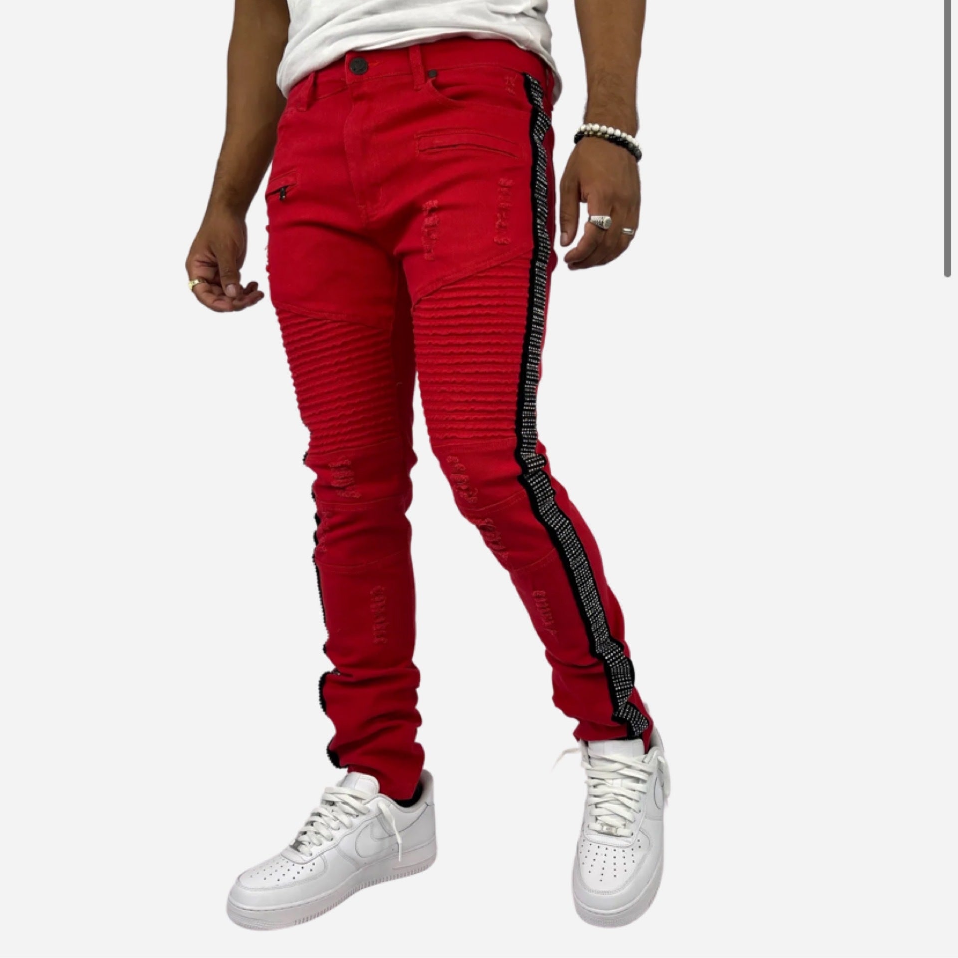 Biker jeans hot sale with red stripe
